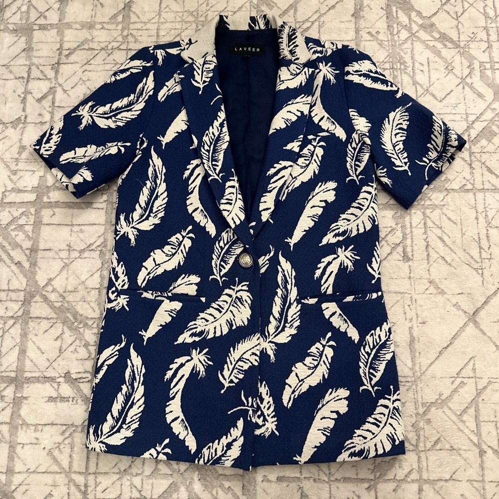 Laveer Feather Short Sleeve Blazer Blue White‎ Women Size 2